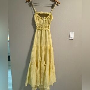 Yellow Smocked Tiered Maxi Dress with Tassel Tie Back Size L